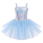 IWEMEK Kids Girls Sequins Leotard Tutu Ballet Dress Sleeveless Spaghetti Strap Skating Gymnastics Children Dancewear Fairy Swan Dance Dresses Performance Ballroom Dancer Costume Blue 9-10 Years