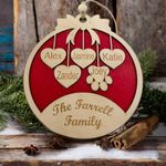 Laser Amore Large Personalised Christmas Bauble - Red Glitter Wooden Hanging Xmas Tree Decoration with Family and Pets Names, Family Christmas Ornament Gift - Perfect for Xmas Decorations