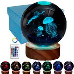 3D Jellyfish Crystal Ball Lamp, Upgraded 3.15 Inch Jellyfish Crystal Ball Night Light with 16 Colors LED Wooden Base, Remote Control, Gift Box Packaging, Home Decor Gift for Friends (Jellyfish)