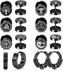 sailimue 8Pairs Viking Earrings for Men Stainless Steel Norse Stud Fake Gauges Plug Huggie Hoop Mens Wolf Runes Divination Piercing Jewelry 18G Black, Metal, Cubic Zirconia (MQI-SAIE-SS73-BLACK-A)