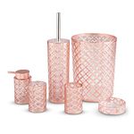 LIVIVO Stylish 6pc Bathroom & Sink Accessory Set - Modern Vanity Organiser Kit Include Tumbler, Toothbrush & Toilet Brush Holder, Lotion Dispenser, Soap Dish & Trash Bin (Rose Gold Lattice)