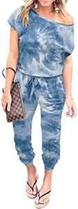 PRETTYGARDEN Women's Loose Solid Off Shoulder Elastic Waist Stretchy Long Romper Jumpsuit (Tie Dye-blue,X-Large)