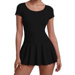 speerise Womens Short Sleeve Skirted Leotard with Built-in Panty, Adult Ballet Dance Scoop Neck Unitard for Gymnastic, Black, Small