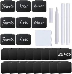 25 Pack Basket Labels, 3 White Pen, 1 Piece of Cleaning Cloth. Small Chalkboard Labels Clip for Store Shelf Storage Box Pantry Labels（Black）