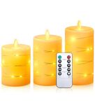 XEMQENER LED Candles with Remote, Realistic Dancing Flameless Candles with Timer Dimmer, Embedded Fairy String Lights Battery Candles Flickering for Party Wedding Festival Tabletop Decoration, 3PCS