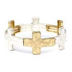 Rosemarie's Religious Gifts Women's Statement Matte Gold And Silver Tones Hammered Cross Charms Stretch Bangle Bracelet, 6.5", Metal, no gemstones