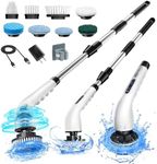 Electric Spin Scrubber, Shower Scrubber Cordless Cleaning Brush with 8 Replaceable Brush Heads and Squeegee，Adjustable Extension Handle 2 Speeds Electric Cleaning Brush for Bathroom, Tub, Tile，Kitchen