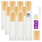 Yalbdopo 10Pcs, 10Ml Essential Oil Roller Bottles - Refillable Frosted Clear Glass Roll on Bottles with Stainless Steel Roller Balls & Wood Grain Plastic Cap, Include 12 Labels, Dropper & Opener