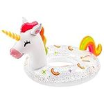 GROBRO7 White Unicorn Inflatable Pool Giant Float with Glitters Summer Swimming Pool Ring Outdoor Water Lounge Raft Vinyl Swimming Floaty Pool Toy Beach Party Supplies for Adults Kids(10+ years)