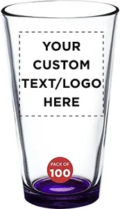 Custom Arc Pint Glass 16 oz. Set of 100, Personalized Bulk Pack - Beer Glasses, Heavy Duty Drinkware - Purple