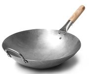 Craft Wok Traditional Hand Hammered Carbon Steel Pow Wok with Wooden and Steel Helper Handle (14 Inch, Round Bottom)/731W88