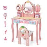 Costzon Kids Vanity Table & Chair Set, 2 in 1 Princess Makeup Dressing Table w/Detachable Top, Toddler Vanity w/Tri-fold Mirror, Drawers & Accessories, Pretend Play Vanity Set for Little Girls (Pink)