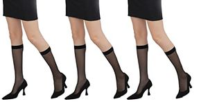 N2S NEXT2SKIN Women's Ultrathin Transparent Knee Length Stocking Socks - Pack of 3 (Black, Free Size)