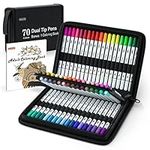 Shuttle Art Dual Tip Brush Pens Art Markers, 70 Colors Fine and Brush Dual Tip Markers Set in Portable Case with 1 Coloring Book for Kids Adult Artist Coloring Calligraphy Journal Doodling Writing