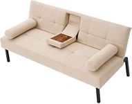 Panana 3 Seater Sofa Bed Linen Fabric Upholstered Modern Convertible Folding Futon Sofa Bed Daybed Guest Bed, 5 Angles Adjustable, 2 Cup-Holders,Beige