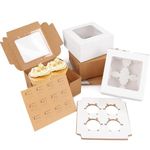 50pcs Cupcake Boxes 4 Holes with Window & Stickers, 6.3x6.3x3" Rectangle Cup Cake Boxes for Cupcakes Muffins Desserts, Cardboard Cupcake Holder for Home Baking, Party, Wedding - 25 White & 25 Brown