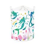 Clastyle 45L Waterproof Mermaid Laundry Hamper Collapsible Sea Coral Storage Laundry Baskets with Drawstring for Bathroom, 14.2 * 17.7 in