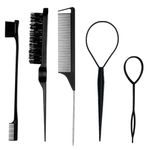 Street27® 5pcs Slick Back Hair Brush Set with 2pcs Topsy Hair Tail Tool | Bristle Teasing Hair Brushes | Edge Brush | Rat Tail Comb For Women Girls Hair Flyaways Styling Edge & Back Combing (Black)