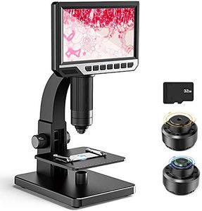 Microscopio digital con pantalla LCD de 7 pulgadas, doble lente 500-2000X, cámara de 12 MP con cámara 32G TF luz de 11 LED portátil recargable para ciencia y biología, escuela e investigación