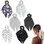 Black White Scarf Scrunchie Hair Ribbon Ties with Tails Chiffon Elegant Classic Long Ponytail Scrunchies Scarves Stripped Dot Floral Bandana Scrunchy Accessories for Women Lady (6pcs)