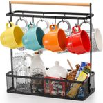 Hiceeden Coffee Cup Holder with Storage Basket, Coffee Mug Tree Rack with Handle, Coffee Cup Stand Coffee Station Bar Organizer for Countertop, Holds 8 Cups (Black)