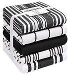 Cotton Clinic Assorted Kitchen Towels 5 Pack – Soft Absorbent Quick Drying Table and Kitchen Linen - Dish Towels, Dish Cloths, Tea Towels and Cleaning Towels with Hanging Loop – 16x28 / Black White