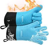 Loveuing Kitchen Oven Gloves - Dual-Layer Heat Resistant Grilling Gloves, Silicone Oven Mitts with 5 Fingers, Waterproof Non-Slip Pot Holder for Barbecue, Cooking, Baking (Small, Blue Long)