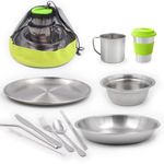 HIKPEED 10-Piece Camping Mess Kit, Stainless Steel Camping Dishes Set Dinnerware for 1-2 Person Utensils Tableware with Cups, Plates, Bowl, Cutlery, Mesh Bag for Backpacking Hiking Picnic RV Travel