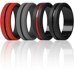 ThunderFit Silicone Wedding Rings for Men - 4 Rings (Black Red, Red Black, Black Grey, Black, 8.5-9 (18.9mm))