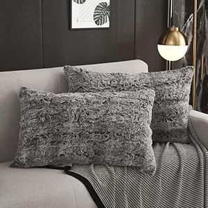 Uhamho Faux Rabbit Fur Pillowcases Standard Queen Set of 2 Solid Velvet Back Throw Pillow Cover Zipper Closure Soft and Fluffy Modern Home Decorative (Gray Ombre, 20"x26")