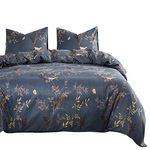 Wake In Cloud - Gray Comforter Set, Birds Floral Flowers Leaves Pattern Printed on Dark Grey, Soft Microfiber Bedding (3pcs, Queen Size)