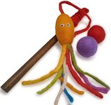 Earthtone Solutions Wool Cat Toy - Felted Wool Rainbow Squid Fish Wand Toy Plus 2 Felt Ball Toys for Indoor Cats and Kittens (Cat Squid Toy)