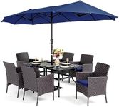 PHI VILLA 7 Piece Outdoor Dining Set with Umbrella, 60” Rectangular Metal Dining Table & 6 Cushioned Rattan Wicker Chairs & 13ft Large Blue Umbrella for Patio, Deck, Yard, Porch