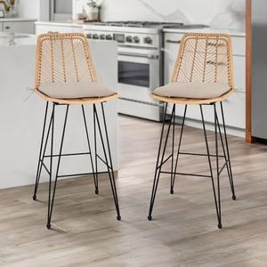 IDZO Rattan Bar Stools Set of 2, 42-Inch Height, 400lbs Weight Endurance, Steel Frame, Comfort Cushions, Suitable as Counter Height Bar Stools