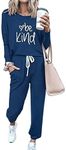 PRETTYGARDEN Women's Fall 2 Piece Lounge Outfit Long Sleeve Crewneck Pullover Tops High Waisted Pants Set Tracksuit (Patterned-dark blue,X-Large)