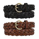 WHIPPY 2 Pieces Women's Braided Leather Belts Casual Skinny Woven Belt for Jean Pant,Black+Brown,Fit Pant upto 39in