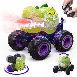 LECPOP Dinosaur Remote Control Car, 360° Rotating RC Stunt Car Dinosaur Monster Truck Toys with Spray, Light & Sound, 2.4GHz All Terrain RC Cars for Boys Age 4-7, Birthday Gifts for Kids 3-5 6 7 8-12