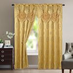 Elegant Comfort Aurora Jacquard Look Curtain Panel Set with Attached Valance, Set of 2, 54" x 84", Gold