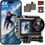 syndesmos Action Camera 4K 60FPS, 40M Ultra HD Underwater Camera, 30MP EIS Anti-Shake WiFi Action Cam with Dual Touch Screen, 64GB Card, Remote Control, Waterproof Case and Mounting Accessories Kit