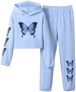 OYOANGLE Girl's 2 Piece Outfits Butterfly Print Long Sleeve Hoodie Sweatshirts and Jogger Sweatpants Set Tracksuit Blue 8Y