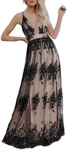 Dokotoo Deep V-Neck Backless Embroidered Mesh Maxi Dress - Sexy Plunging Spaghetti Straps for Evening Party, Prom, Wedding Guest Black