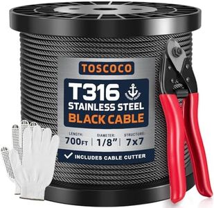 Toscoco 700 Feet 1/8" Black Stainless Steel Cable Wire Rope for Deck Cable Railing Kit, T316 Marine Grade, 7×7 Strands Construction, Rustproof Black Aircraft Cable with a Cutter, DIY Balustrade