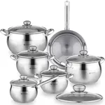 Daniks Classic Stainless Steel Kitchen Induction Pot Cookware Set | 12-Piece | Dishwasher Safe Pots with Lid | Saucepan + Frying Pan + Pots | Measuring Scale | Silver