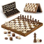 Chess Set and Checkers 16''x16'' - Wooden Magnetic Chess Board with 2 Extra Queen & Storage Slots, Folding Travel Chess Set, Educational Board Game Gift for Adults & Kids