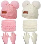 2 Set Kids Winter Hat Scarf Gloves Set Warm Toddler Knit Beanies Gloves Neck Warmer Set for Boys Children Girls, White, Pink, One Size