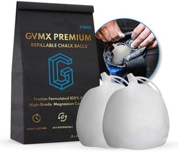 130g (2 x 65g) Premium Chalk Balls. Pro-Grade Gym Chalk in Refillable Sock. Eco Friendly Packaging. Grip Enhancing Gym Accessory for Weightlifting, Rock Climbing, Gymnastics & More. Package May Vary.
