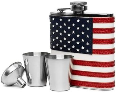 Outset American Flag Flask and Funnel Set, 6 oz Stainless Steel Flask with Faux Leather Patriotic Flag
