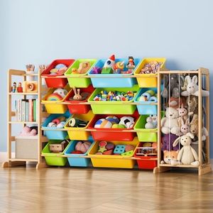 Toy Storage Organizer with Bookshelf and Stuffed Animal Storage - Playroom Organization with Shelves and 16 Bins - Living Room Box for Lego - Nursery Bedroom Decor Essential