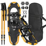 Goplus Snow Shoes for Men Women Youth Kids, Light Weight Aluminum Terrain Snowshoes with Anti-Shock Trekking Poles and Carrying Tote Bag, Snow Mud Baskets Included, 21/25/ 30 Inches (Gold, 25")