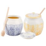 Hacaroa 2 Pack Ceramic Honey Pot with Lid and Wooden Dipper, 17 Oz Porcelain Honey Jar Bee Hive, Handmade Honey Container Dispenser for Countertop, Cafes, Baby Shower, Wedding, Party Favors, 2 Colors